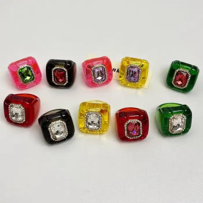 Bague large transparente colorée incrustée de diamants pour femme, accessoire de bijouterie chic et