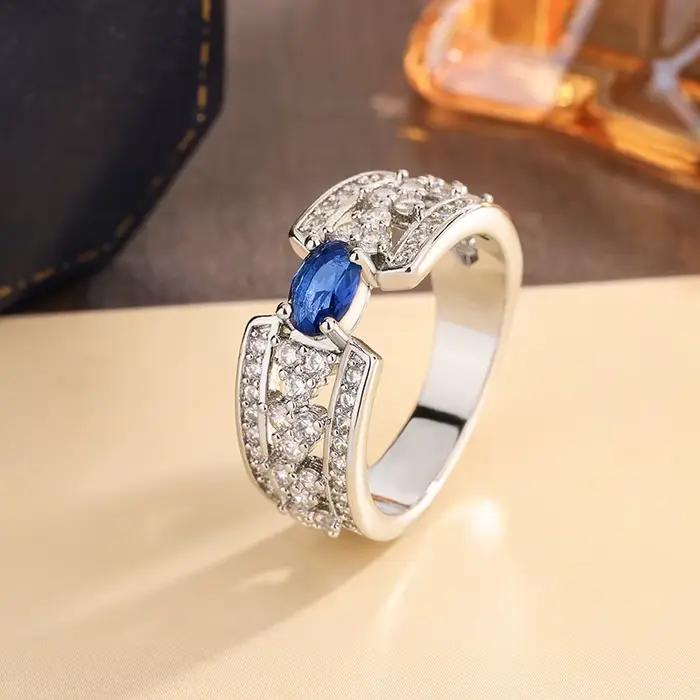 Bague en argent S925 grande pierre bleue zirconium diamant pierres précieuses bijoux engagement femmes occasions spéciales