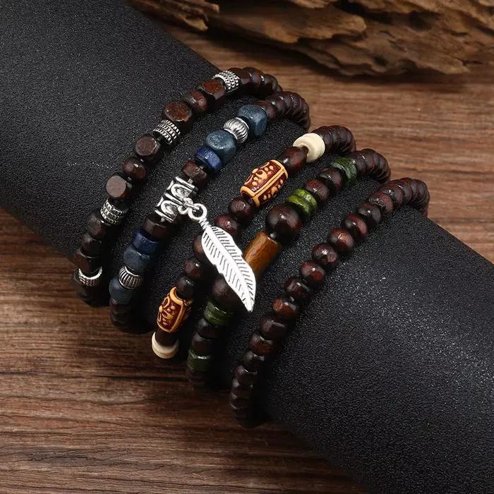 Bracelets vintage bohèmes pour hommes feuilles motifs tracker humeur bois naturel cadeaux occasions spéciales