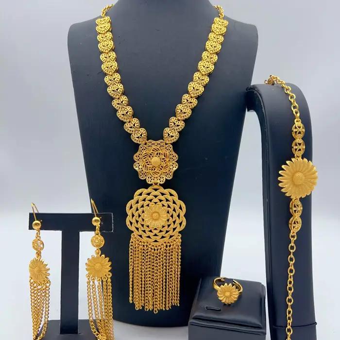Parure de collier long à pampilles couleur or 24K indien, bijoux de luxe nigériens, éthiopiens, de Dubaï pour fêtes, mariages et mariées, vente en gros, cadeaux