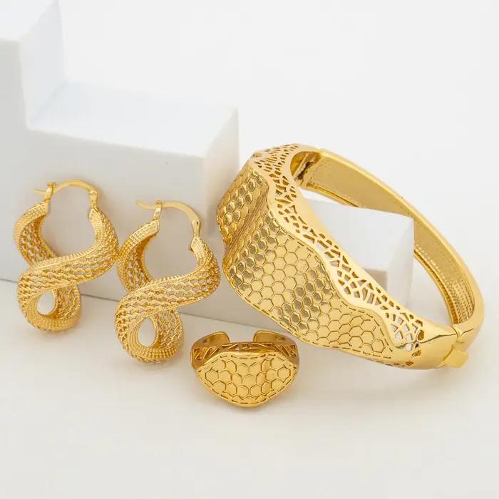 Ensemble de bijoux en or 18 carats pour femmes, bracelet à main document, boucles d'oreilles créoles