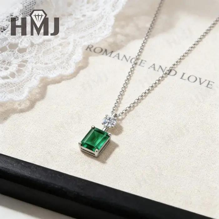 Collier en argent sterling 925 avec pendentif émeraude de Colombie cultivée en laboratoire de 1