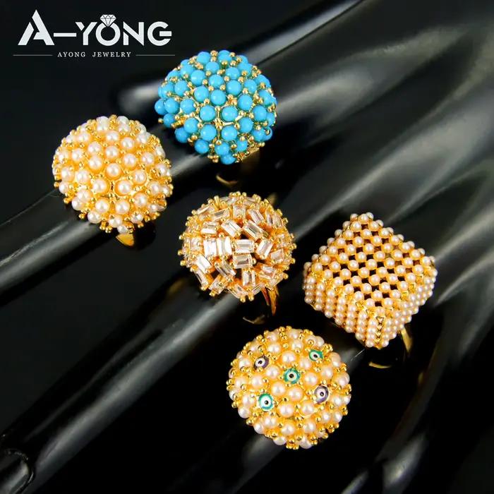 Bague de cocktail en perles italiennes plaquées or 24 carats avec zircone brésilienne pour femmes occasions spéciales et soirées de gala