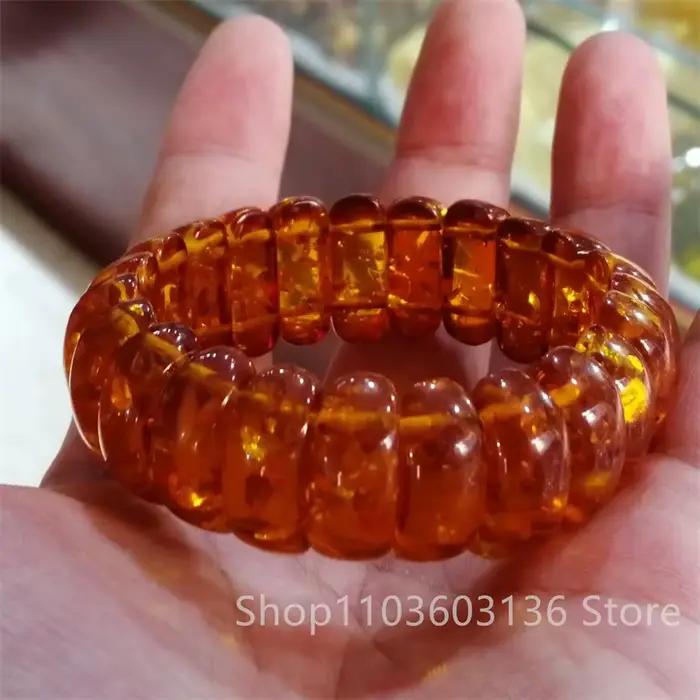 Bracelet large en ambre baltique naturel pour hommes et femmes, bijoux de guérison, pierres précieuses, ambre florale, élastique, amulette porte-bonheur