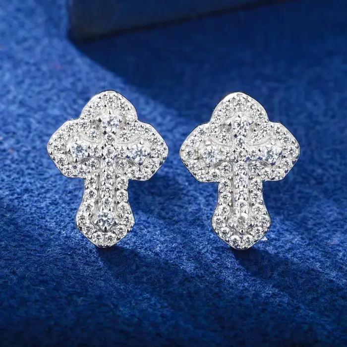 Haute qualité D VVS Moissanite croix religieuse boucles d'oreilles pour femmes hommes 100% 925 argen