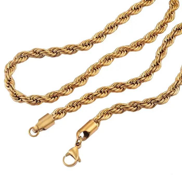 Chaîne de corde torsadée en acier inoxydable plaqué or véritable 18 carats, 2.5MM 3MM 4MM 5MM, ne se décolore pas, collier, bijoux pour hommes et femmes