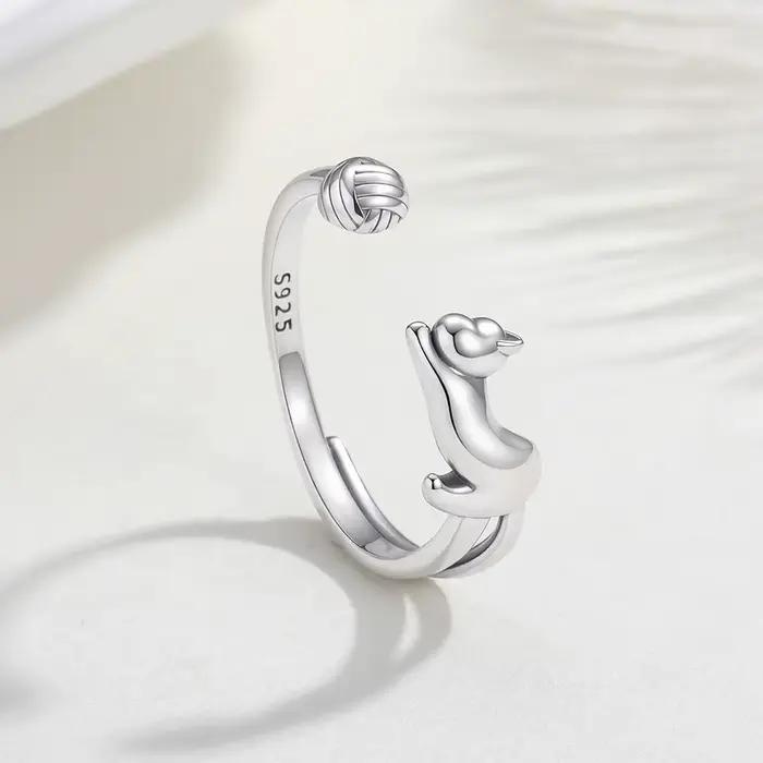 Bague ouverte réglable en argent sterling 925, motif chat mignon et pelote de laine, bijou minimaliste pour femme, cadeau pour les amoureuses des animaux