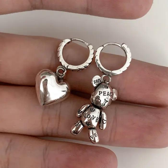 Boucles d'oreilles ours en argent Sterling 925, breloques en forme de cœur pour femmes, bijoux fins