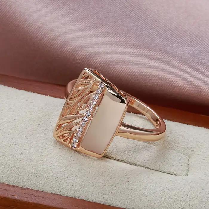 Bague de luxe brillante en or rose 585 pour femme, bijou de mariage vintage à la mode, avec zirconium blanc, carré, pour occasions spéciales