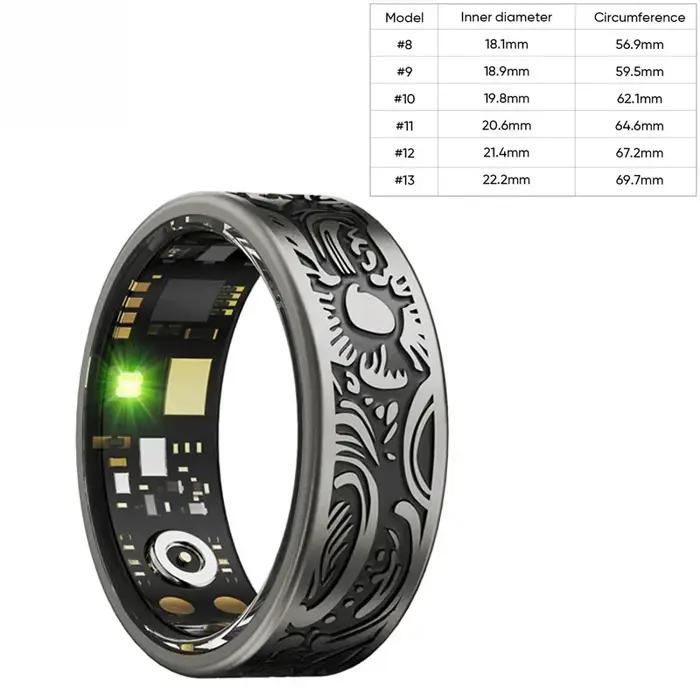 Bague connectée : Suivi de la fréquence cardiaque, de la pression artérielle, de l'oxygène sanguin, du sommeil, du comptage des pas et de l'activité. Partage avec la famille et les amis.