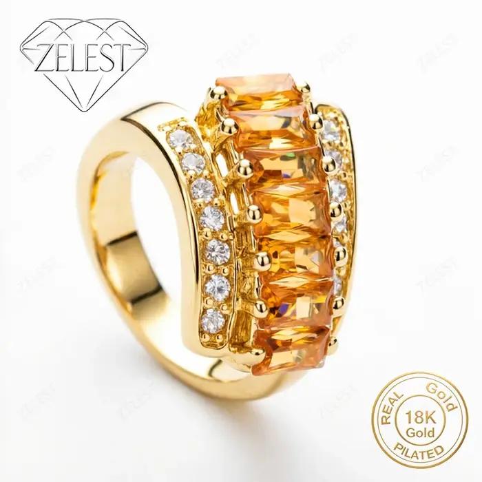 Bague pour femme en argent sterling 925 plaqué or 18 carats avec zircone carrée jaune exquise