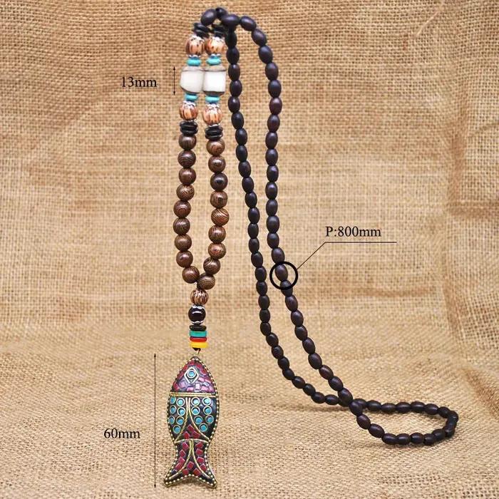 Collier Long Vintage en Perles de Bois Turquoise