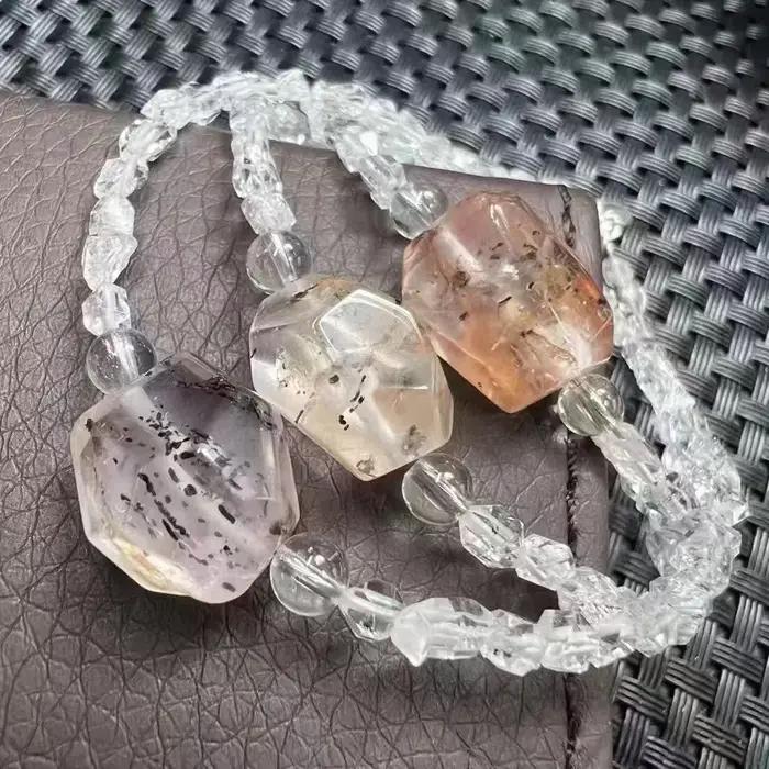 Bracelet 925 Argent Serti de Pierres de Herkimer Diamant Cristal et Quartz Hématoïde Noir Bijou Unisexe Occasions Spéciales