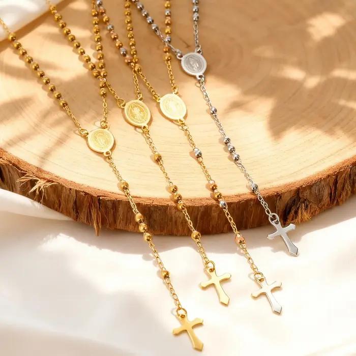 Collier en forme de croix de la Vierge Marie pour femmes chaîne à maillons en acier inoxydable colliers de prière cadeau de bijo