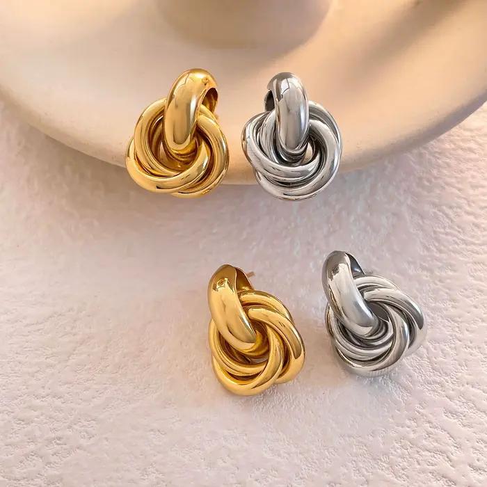 Boucles d'oreilles créoles à nœud en acier inoxydable pour femmes, plaqué or et argent brillant, tendance, bijoux à la mode, cadeaux