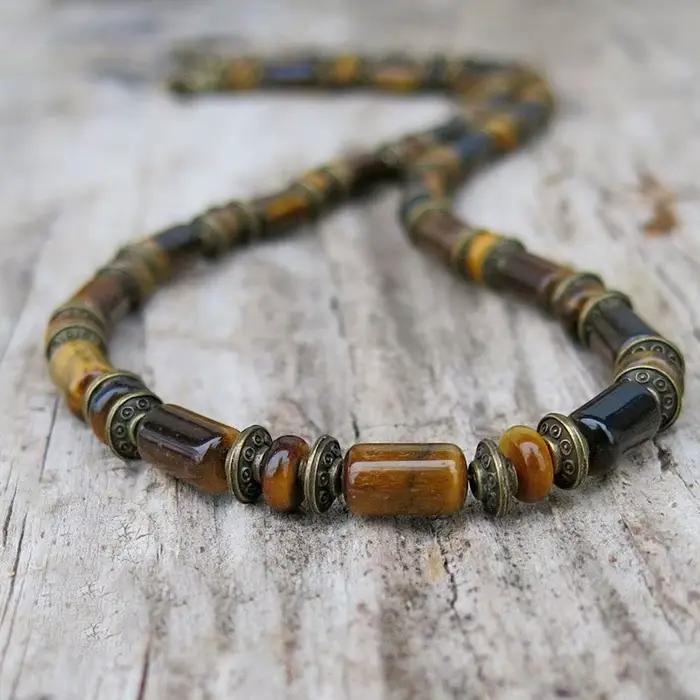 Collier de perles en hématite pour hommes, bijoux en pierre de lave noire