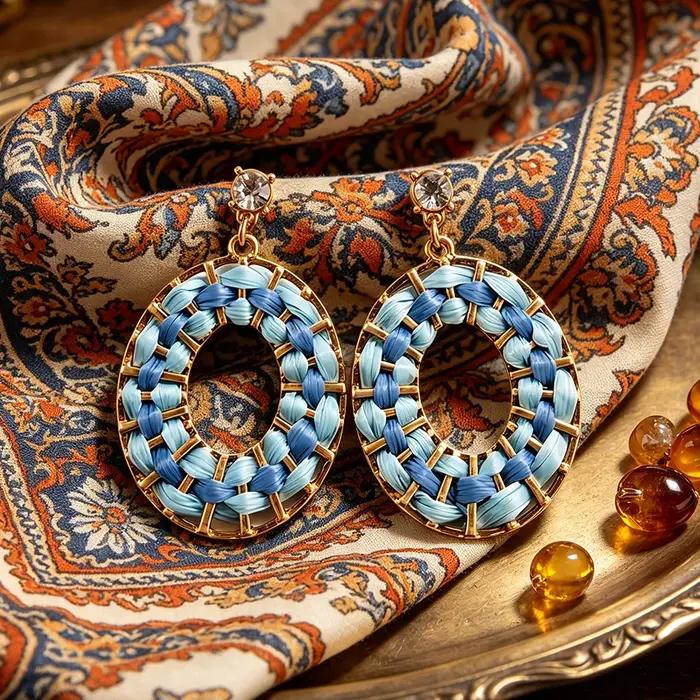 Boucles d'oreilles pendantes en raphia tressé bleu dégradé avec monture dorée et cristaux étincelants