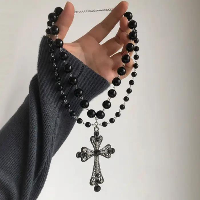 Collier pendentif croix gothique en perles pour femmes et filles