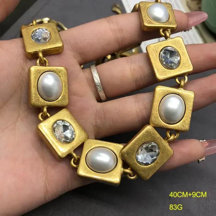 Collier de perles diamant vintage pour femme, ensemble de boucles d'oreilles carrées, bracelet en or, 2024