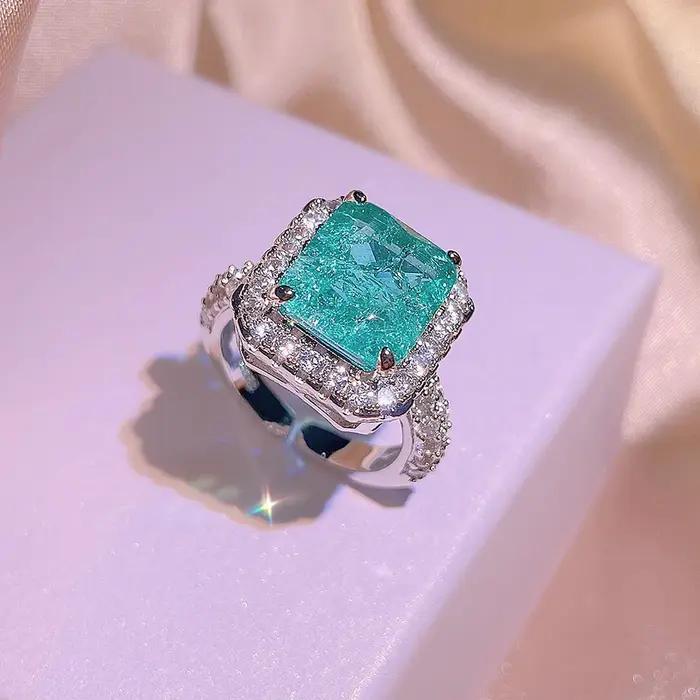 Ensemble de trois bijoux en argent 925 pour femmes, pendentif carré Paraiba émeraude, collier, boucles d'oreilles, bague réglable, bijoux de fête