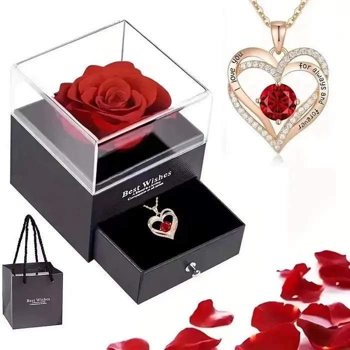 Collier élégant avec pendentif en zircone rouge et bouquet de roses - Boîte cadeau « Meilleurs vœux », parfait pour un anniversaire, un anniversaire de mariage ou un mariage
