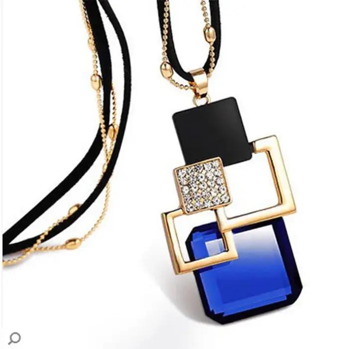 Mode femmes Collier Femme cristal gris bleu couleur géométrique déclaration Colar longs colliers et pendentifs pour