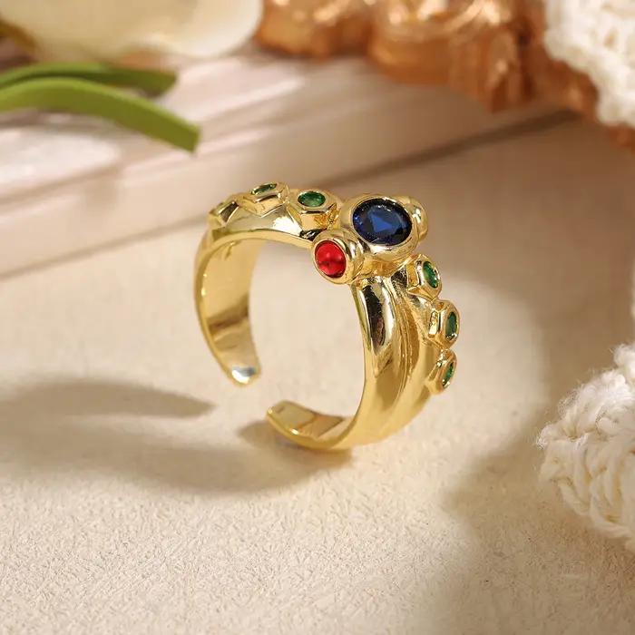 Bague de luxe plaquée or avec pierres précieuses pour femme - Bijou fantaisie incrusté de zircons colorés - Cadeau unique et remarquable
