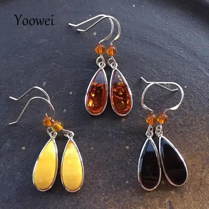 Yoowei-Boucles d'oreilles en ambre naturel pour femme, 3 couleurs, véritable argent S925, boucle d'oreille pendante, bijoux uniques en ambre de la Baltique, cadeau en gros, nouveau