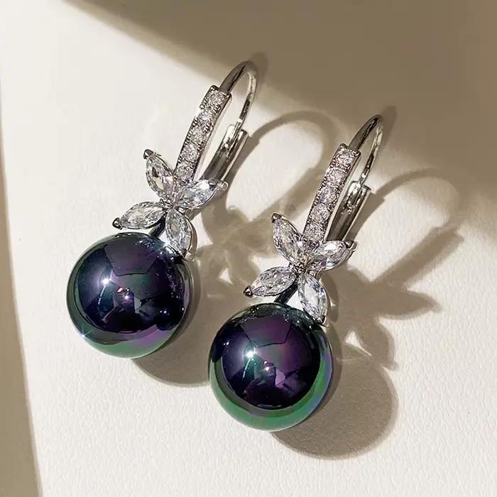 Boucles d'oreilles de luxe en perles noires/violetes pour femmes, en argent Sterling 925 massif, Cube en zircone cubique, crochet d'oreille, bijoux de mariage