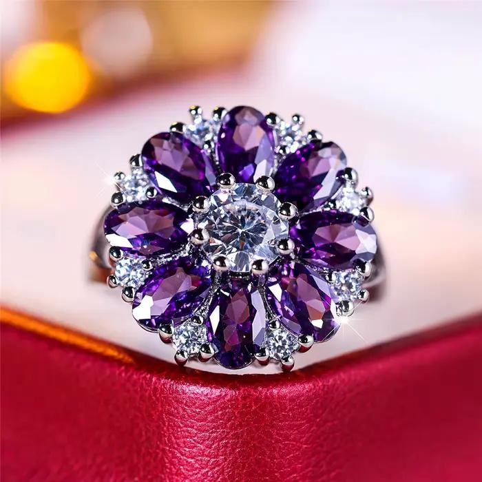 Bague de fiançailles de luxe en cristal violet pour femmes