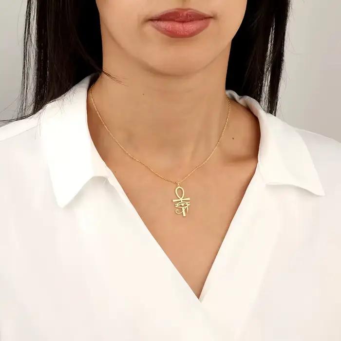 Collier classique avec pendentif œil d'horus Ankh plaqué or pour femmes