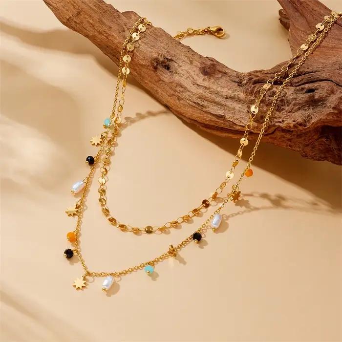 Collier Pentacle de Perles Géométriques en Acier Inoxydable Finition Or Jaune Clair Bijou Fait pour les Femmes Occasions Spéciales Protection Mystique