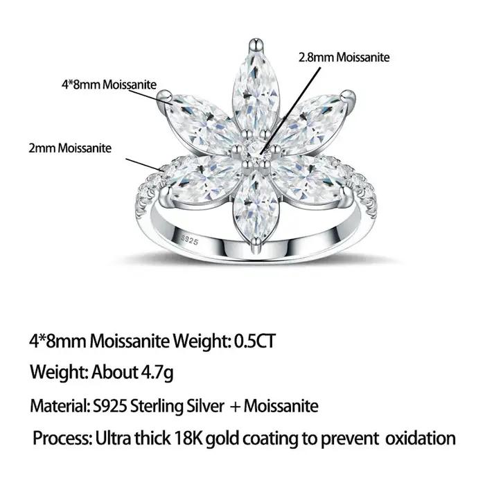 Bague Fleur en Argent 925 avec Moissanite LinkerLove pour Femme, Coupe Marquise 0.5CT, Grappe de Dia