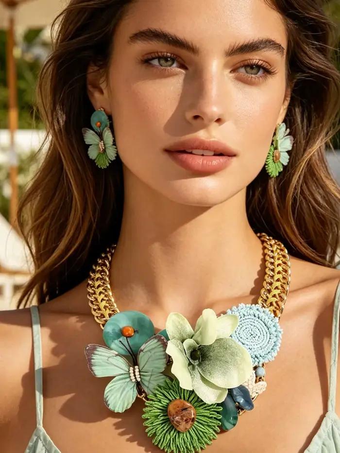 Collier ras du cou bohème floral papillon, chaîne dorée épaisse, motif jardin vert, fleur en tissu faite à la main, accessoire de bijouterie