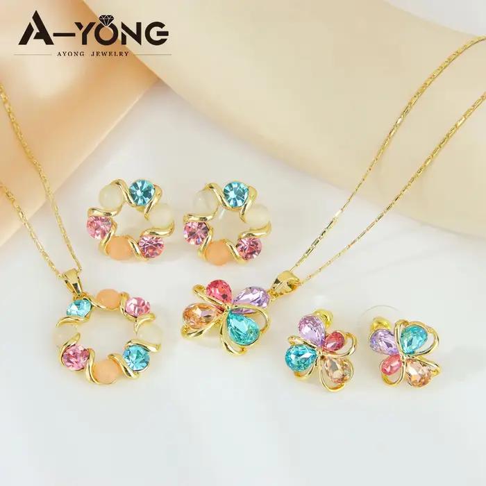 Ensemble de bijoux vintage en cristal zircone colorée 14k collier boucles d'oreilles pour femmes occasions spéciales minimalistes européens rares