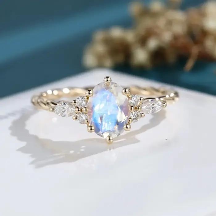 Bague de fiançailles ovale aigue-marine/Quartz Rose/pierre de lune/Labradorite/agate Ross/améthyste