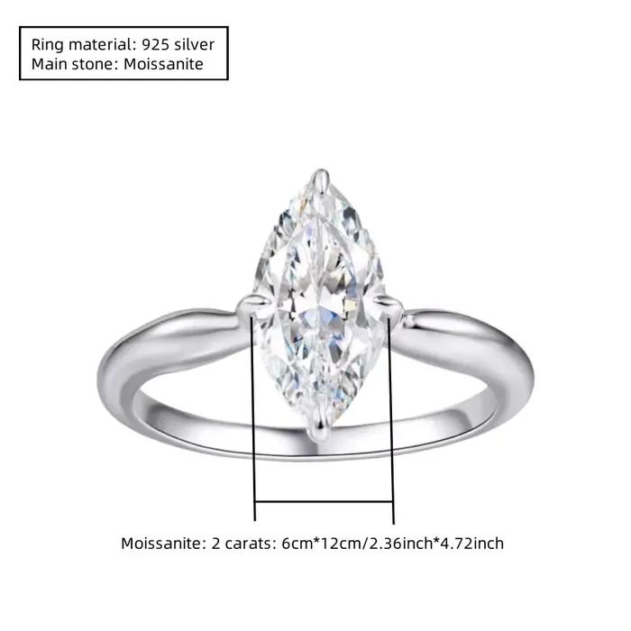 Bague de mariage pour homme et femme en argent 925 avec moissanite marquise de 2 carats, simple et d
