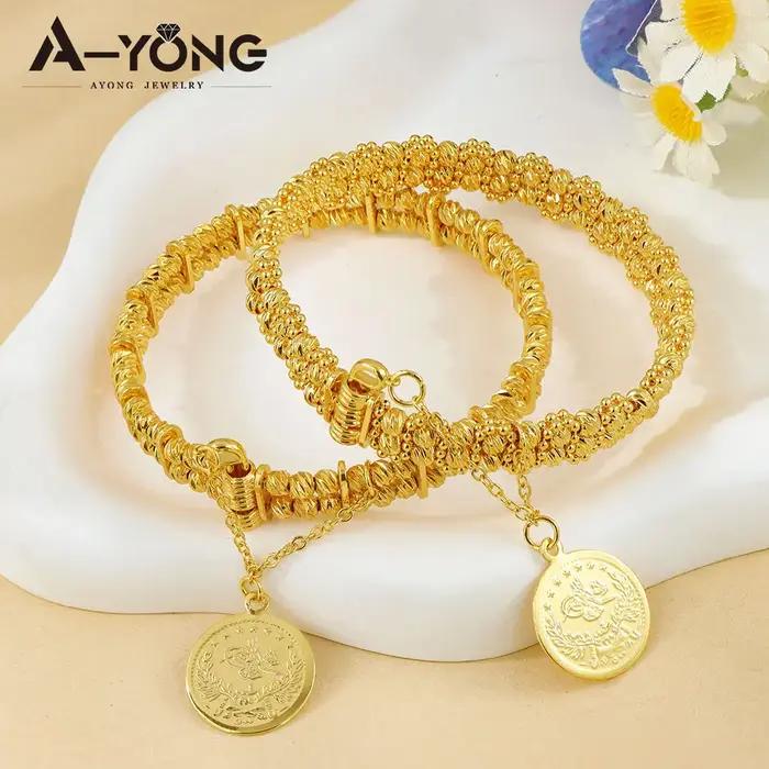 Ensemble de bijoux en or plaqué 24 carats pour femmes, bracelets et bagues en perles rondes, bijoux islamiques vintage pour célébrations et occasions spéciales