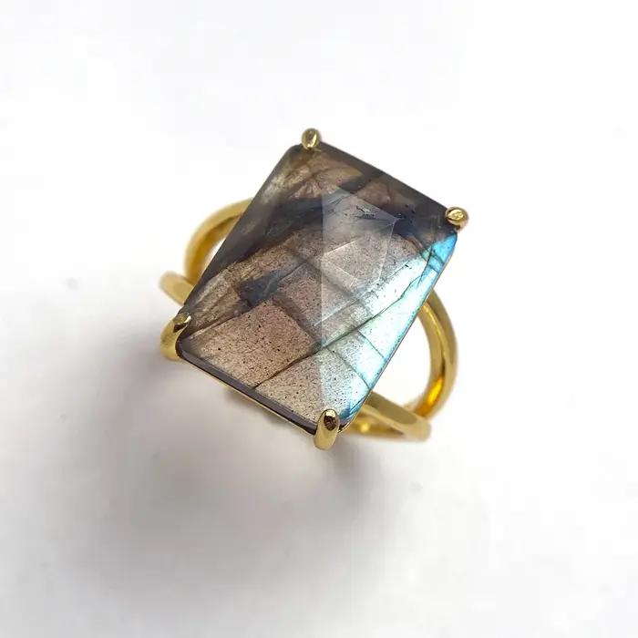Bague Labradorite naturelle élégante or jaune 18 carats grande pierre goutte d'eau pour femmes occasions spéciales anniversaires cadeaux bijoux à la mode