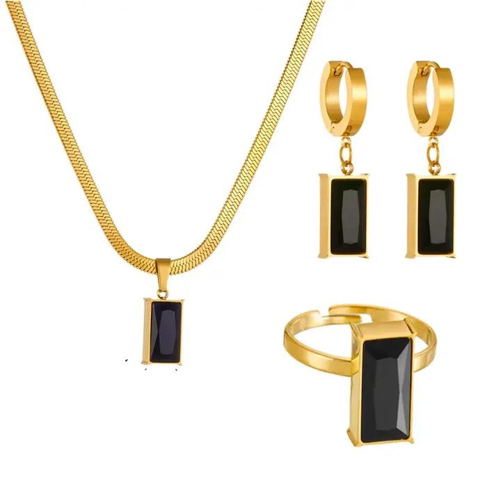 Parure de bijoux de luxe en cristal vert carré, plaqué or, en acier inoxydable, collier, boucles d'o
