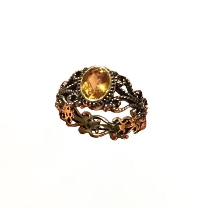 Bague d'art Vintage ajourée noir-doré, Style Punk, argent 925, cristal jaune, ovale, réglable, bijoux cadeau