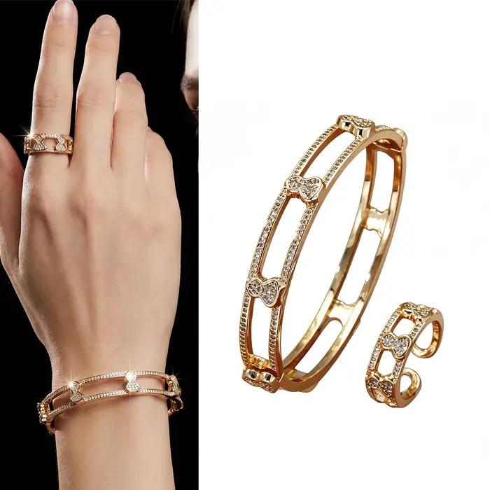 Ensemble bague et bracelet plaqué or avec nœud et zircons