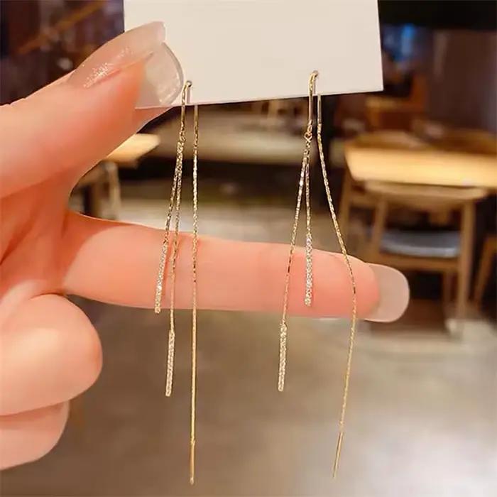 Boucles d'oreilles dorées de luxe pour femmes, frange en strass, Zircon suspendu, brillant, déclaration de mariage, bijoux cadeaux de fête, nouvelle collection 2024