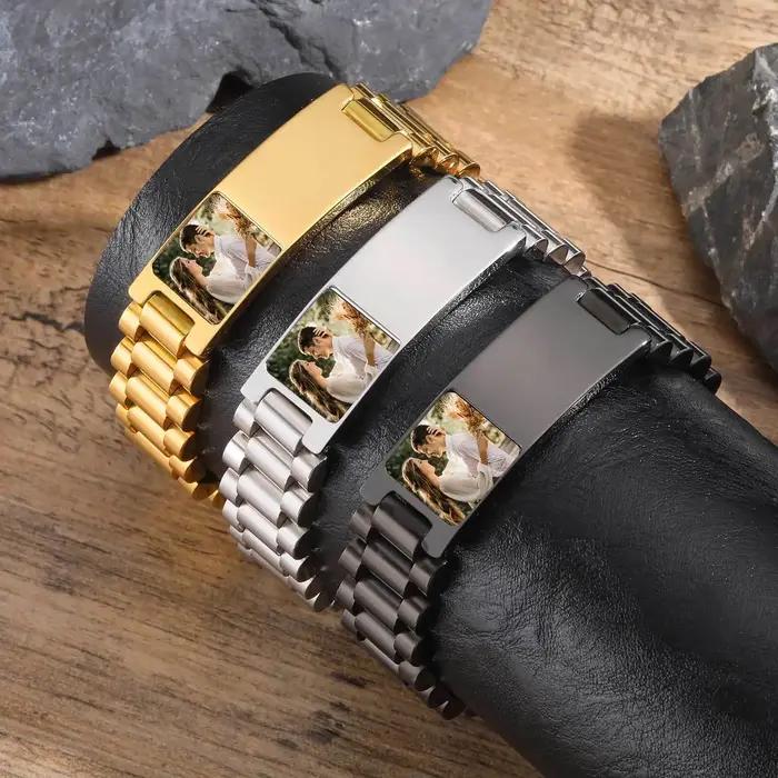 Bracelet personnalisé en acier inoxydable avec photo et identification pour homme occasions spéciales cadeau pour grand-père père frère