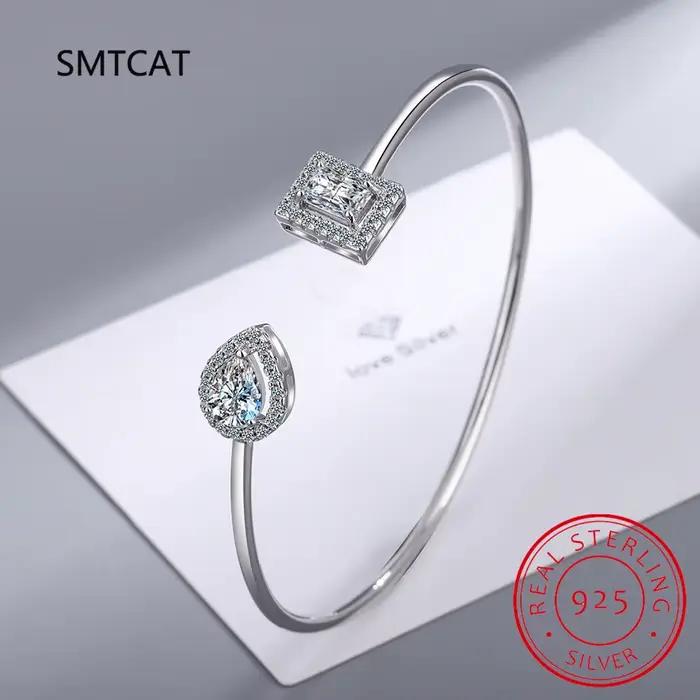 Bracelet ouvert ajustable en argent sterling 925 avec moissanite taille radiant et diamant goutte d'