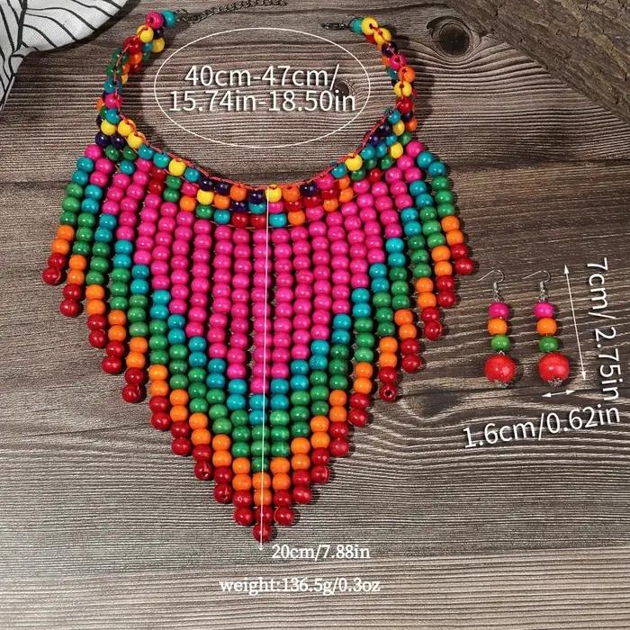 Ensemble de bijoux africains style bohème vintage collier bib perles de bois faites à la main boucles d'oreilles pour femmes accessoires de fête occasions spéciales