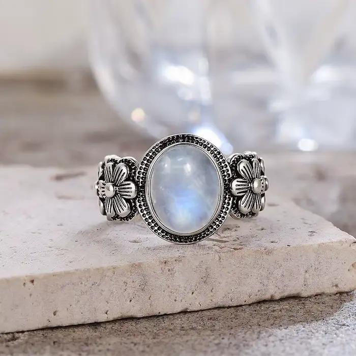 Bague Vintage en argent Sterling S925 avec fleur de Rose, ovale, pierre de lune naturelle, douce, bijoux fins pour femmes, 8x10mm
