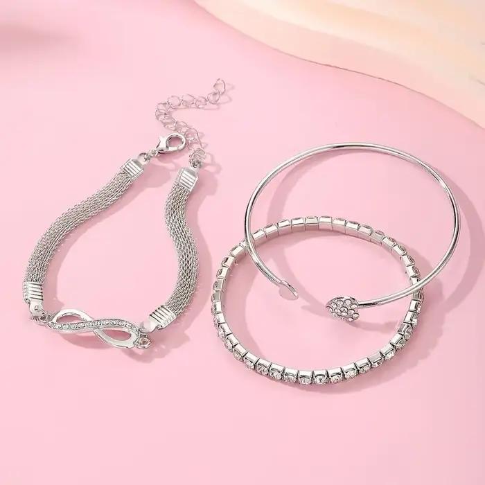 3 pièces/ensemble Vintage cristal strass coeur Bracelets pour femme mode géométrique réglable infini