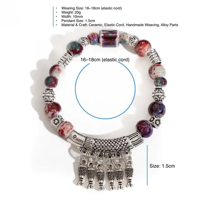 Bracelet élastique fait à la main avec perles en céramique et pendentif poisson en alliage, bijoux de Style ethnique S03-178