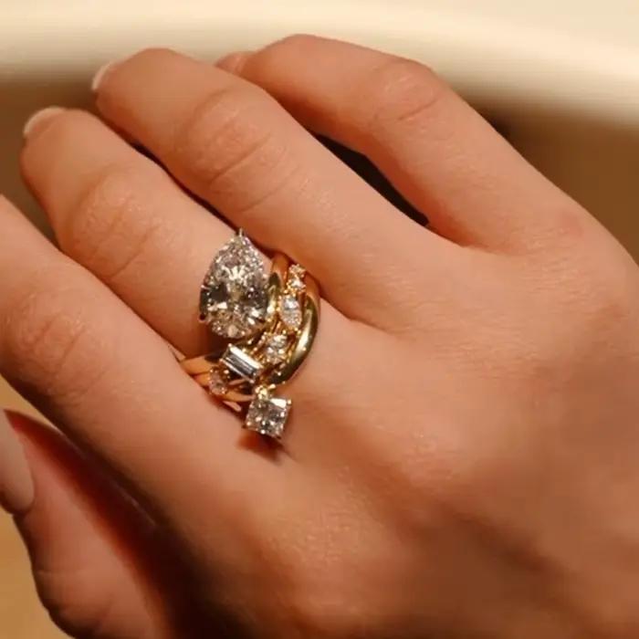 Ensemble de 3 bagues empilables style mode, design créatif, diamants étincelants incrustés en forme de goutte d'eau, pour femmes, bijoux ajustables